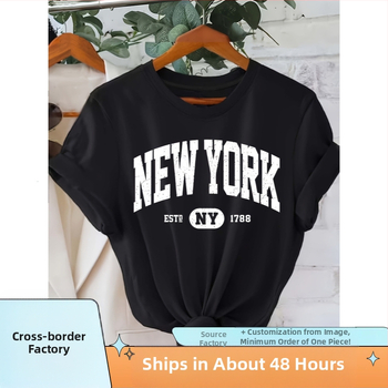 Μπλούζα T με εκτύπωση γράμματος New York, στρογγυλή λαιμόκοψη, κοντά μανίκια, ύφασμα από βαμβάκι με μίγμα πολυεστέρα-ελαστάνης