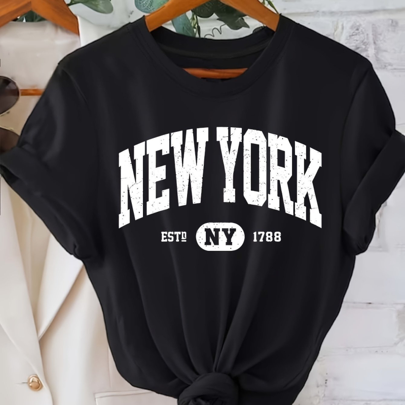 Тениска New York с принт на букви, кръгло деколте, къс ръкав, памук със смес от полиестер и еластан