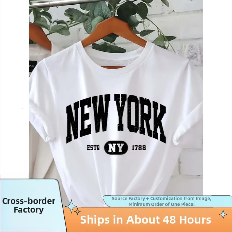 Тениска New York с принт на букви, кръгло деколте, къс ръкав, памук със смес от полиестер и еластан