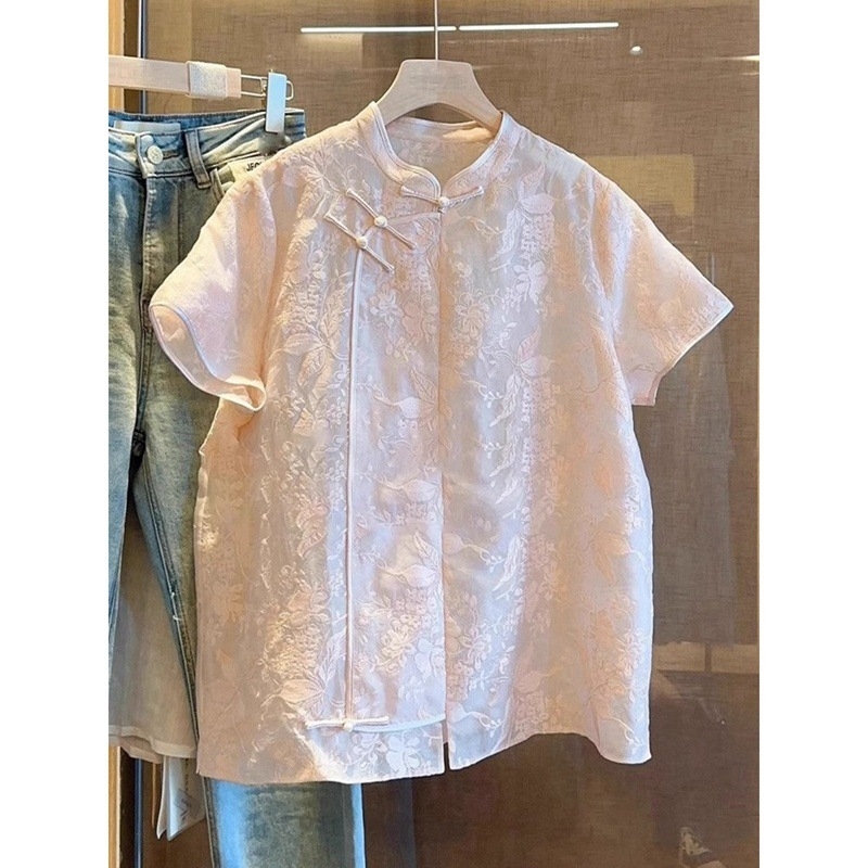 Риза с яка-стойка, къси ръкави, свободна кройка, полиестер, съдържание полиестер 70–80%, еднобортно закопчаване, дължина 50–65 см, национален стил