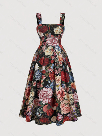 Νέο εκτυπωμένο φόρεμα με τιράντες, πολυεστερικός ύφασμα, χωρίς μανίκια, πόλο γιακά, υψηλή μέση