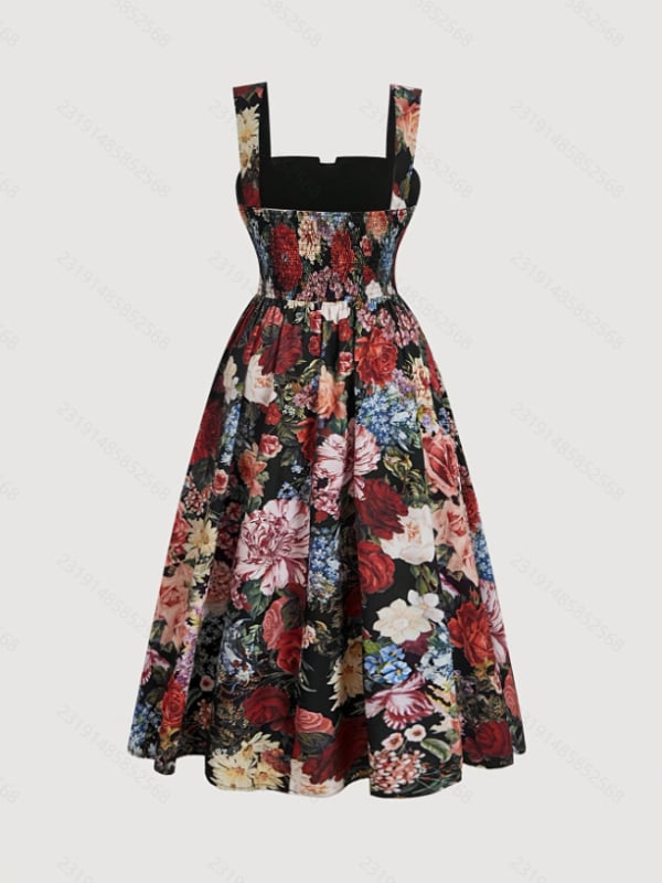 Rochie cu bretele imprimată, material poliesteric, fără mâneci, guler polo, talie înaltă