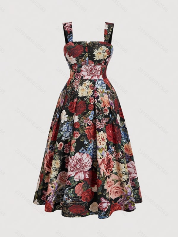 Rochie cu bretele imprimată, material poliesteric, fără mâneci, guler polo, talie înaltă