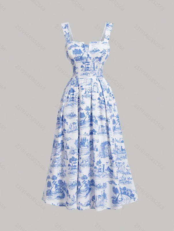 Rochie cu bretele imprimată, material poliesteric, fără mâneci, guler polo, talie înaltă