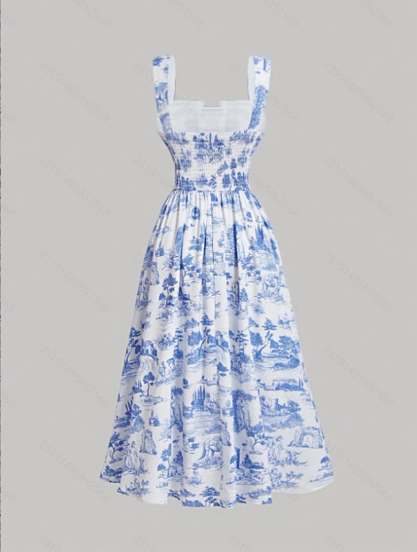 Rochie cu bretele imprimată, material poliesteric, fără mâneci, guler polo, talie înaltă