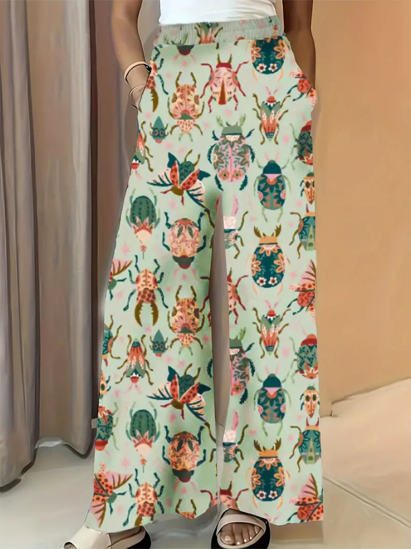 Flóramintás casual nadrág – viszkóz-spandex keverék, középmagas derék, vékony anyag, 2025 tavasz