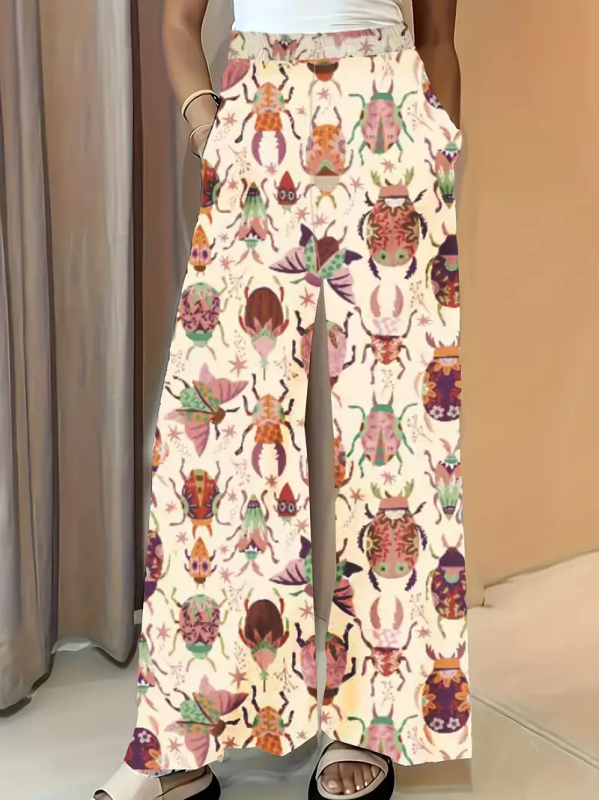 Floralne casual hlače – viskoza-elastan mješavina, srednji pojas, tanak materijal, proljeće 2025