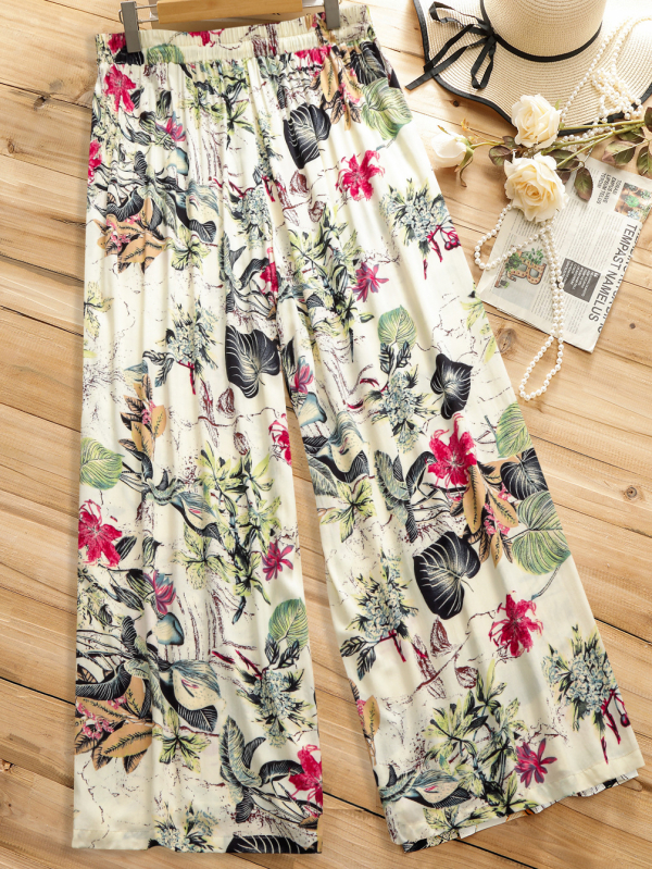 Spausdintos poliesterio kelnytės su tiesia kirpimo linija, vidutinio juosmens, pilno ilgio