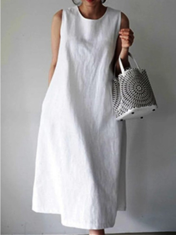 Rochie midi fără mâneci, din amestec de bumbac și in, guler rotund, croială lejeră, deasupra capului (pulover); compoția materială: bumbac 30–50%, cânepă <30%