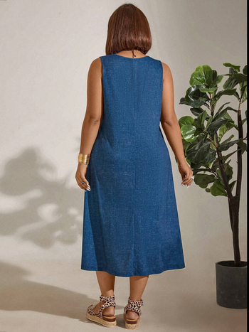 Φόρεμα με στρογγυλό λαιμό, χωρίς μανίκια, φούστα-ομπρέλα, ψηλή μέση, ανάμειξη πολυεστέρα