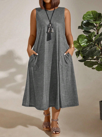 Φόρεμα με στρογγυλό λαιμό, χωρίς μανίκια, φούστα-ομπρέλα, ψηλή μέση, ανάμειξη πολυεστέρα