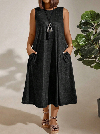 Φόρεμα με στρογγυλό λαιμό, χωρίς μανίκια, φούστα-ομπρέλα, ψηλή μέση, ανάμειξη πολυεστέρα