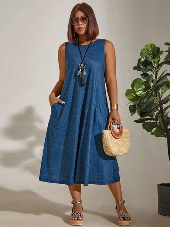 Φόρεμα με στρογγυλό λαιμό, χωρίς μανίκια, φούστα-ομπρέλα, ψηλή μέση, ανάμειξη πολυεστέρα