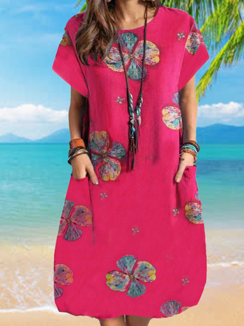 Дамска лятна рокля с флорален принт, джобове, кръгло деколте, дълга свободна кройка, етно стил, полиестерова материя с имитация на памук