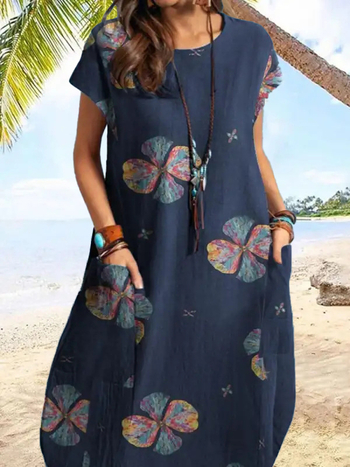 Дамска лятна рокля с флорален принт, джобове, кръгло деколте, дълга свободна кройка, етно стил, полиестерова материя с имитация на памук