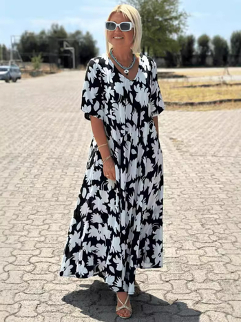 Haljina s V izrezom, 3/4 rukava, duga suknja, poliester (95%+), retro stil