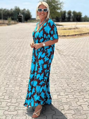 Φόρεμα με V-λαιμό, μανίκια 3/4, μακριά φούστα, πολυεστέρας (95%+), ρετρό στυλ