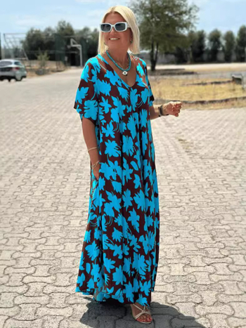 Φόρεμα με V-λαιμό, μανίκια 3/4, μακριά φούστα, πολυεστέρας (95%+), ρετρό στυλ