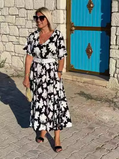 Haljina s V izrezom, 3/4 rukava, duga suknja, poliester (95%+), retro stil