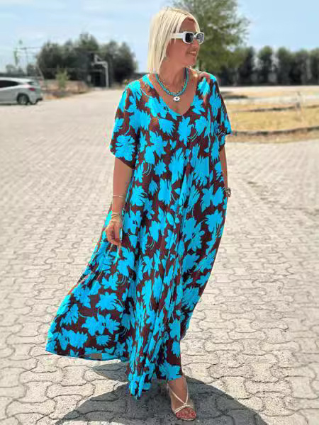 Haljina s V izrezom, 3/4 rukava, duga suknja, poliester (95%+), retro stil