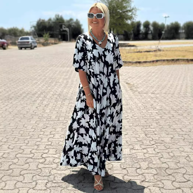 Haljina s V izrezom, 3/4 rukava, duga suknja, poliester (95%+), retro stil
