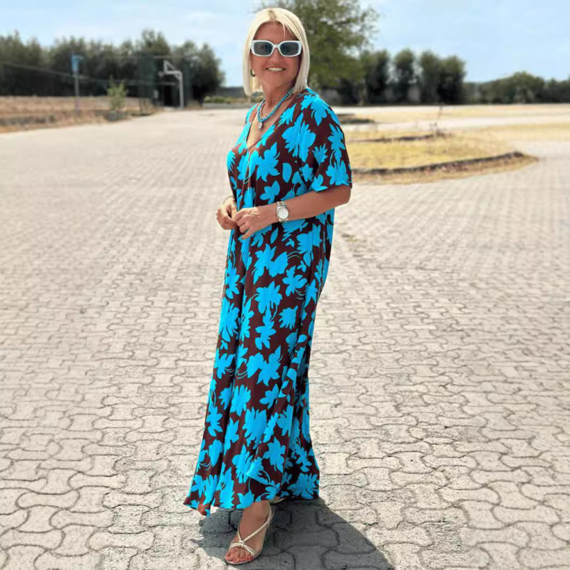 Haljina s V izrezom, 3/4 rukava, duga suknja, poliester (95%+), retro stil
