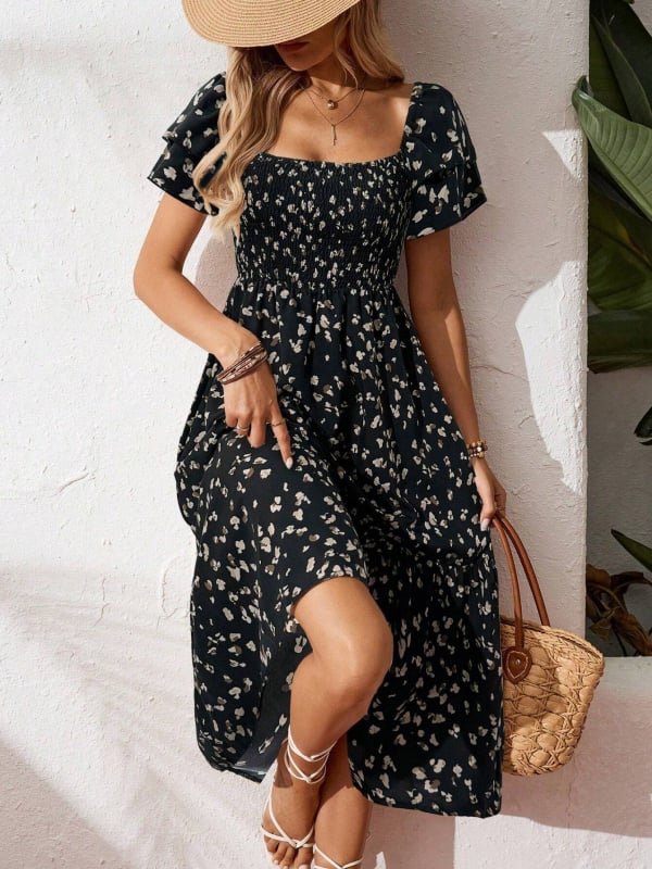 Rochie feminină cu imprimeu floral și volane la mâneci, lungime midi, stil pulover, talie lejeră, poliester 95%+, Primăvara 2025
