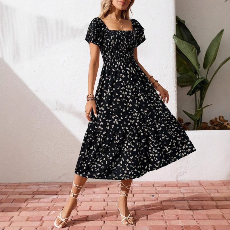 Rochie feminină cu imprimeu floral și volane la mâneci, lungime midi, stil pulover, talie lejeră, poliester 95%+, Primăvara 2025
