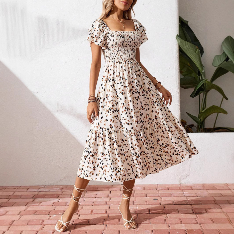 Rochie feminină cu imprimeu floral și volane la mâneci, lungime midi, stil pulover, talie lejeră, poliester 95%+, Primăvara 2025