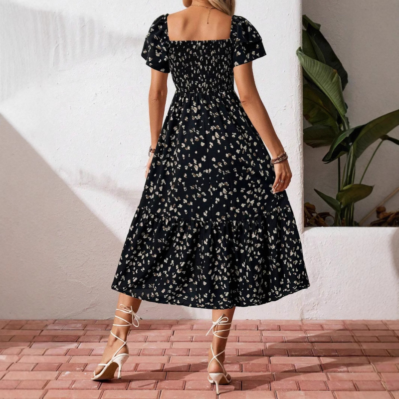 Rochie feminină cu imprimeu floral și volane la mâneci, lungime midi, stil pulover, talie lejeră, poliester 95%+, Primăvara 2025