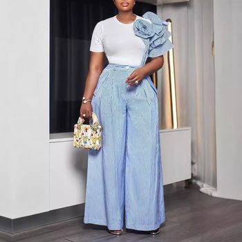 Γυναικείος δίπτυχος ριγέ σετ: μπλούζα με στρογγυλό λαιμό και παντελόνι φαρδιά (Φθινόπωρο 2024; πολυεστέρας; 90–95% πολυεστέρας; 3/4 μανίκια)