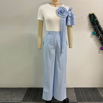 Γυναικείος δίπτυχος ριγέ σετ: μπλούζα με στρογγυλό λαιμό και παντελόνι φαρδιά (Φθινόπωρο 2024; πολυεστέρας; 90–95% πολυεστέρας; 3/4 μανίκια)