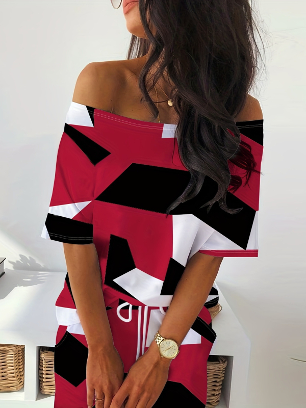 Dviejų dalių komplektas: geometriniu spauda marškinėliai ir sijonas, Milk Silk audinys; siauras kirpimas; pečių atskleidimo iškirptė; 3/4 rankovės; poliesteris 90-95%, spandeksas <30%