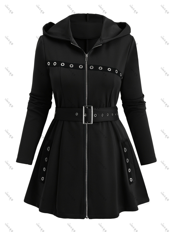 Moteriška žieminė striukė su gobtuvu ir užtrauktuku, poliesteris, ilgas kirpimas, siauras siluetas, kišenės