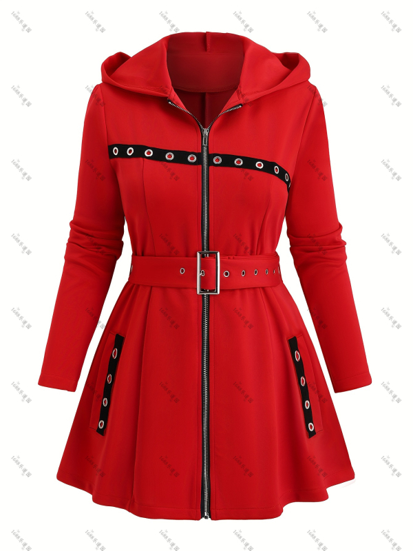 Moteriška žieminė striukė su gobtuvu ir užtrauktuku, poliesteris, ilgas kirpimas, siauras siluetas, kišenės