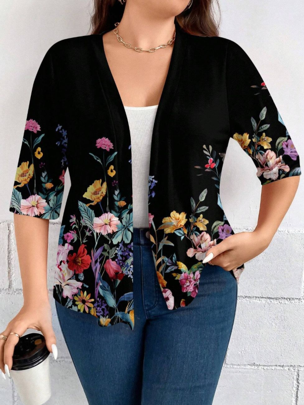 Moteriška vasarinė megztinė kardiganas su gėlių raštu, pieno šilko audinys, poliesteris ir spandeksas, trumpomis rankovėmis, lotoso lapų apykaklė, lengvas, ilgis 50–65 cm