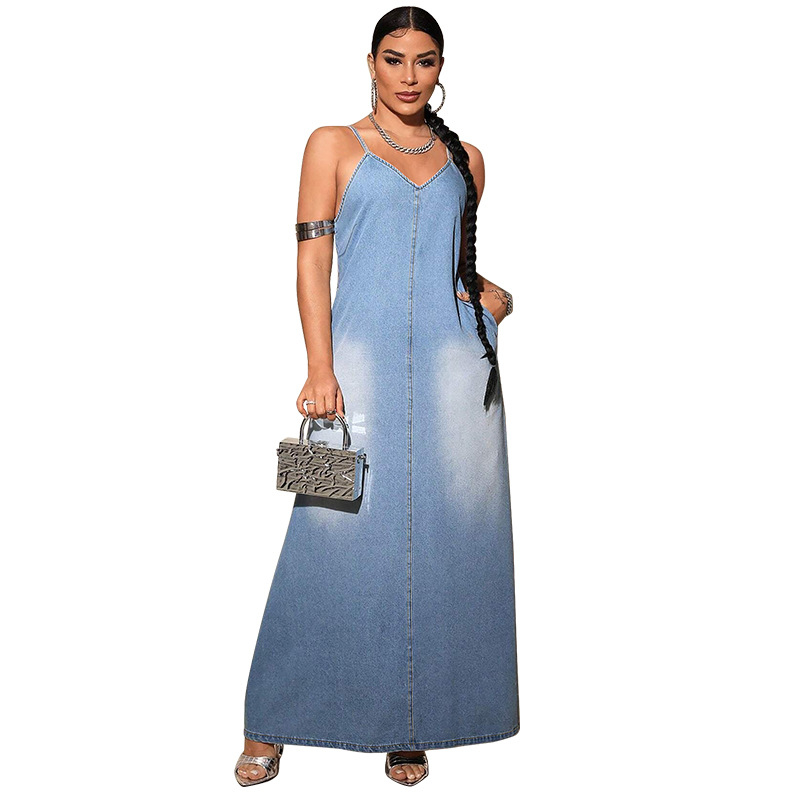 Τζιν φόρεμα με τιράντες, μακρύ, σε σιλουέτα Α, χωρίς γιακά, χωρίς μανίκια, μίγμα βαμβακιού-σπάντεξ (50-70% βαμβάκι, 30-50% σπάντεξ)