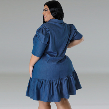 Дънена рокля с яка, къс ръкав, измит памучно-еластанов микс, лято 2024