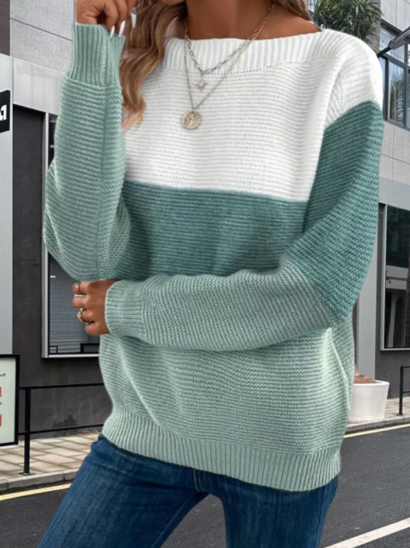 Πλεκτό πουλόβερ με γεωμετρικό μοτίβο, στρογγυλός λαιμός, μακριά μανίκια, παχιά πλέξη, τύπος πουλόβερ