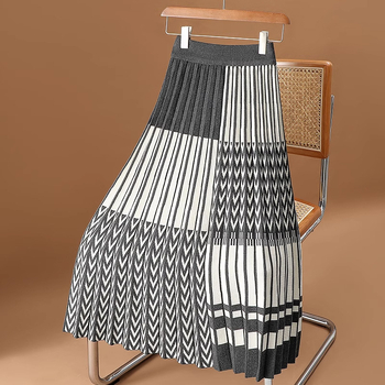 Φούστα Α-γραμμής με καρό πιέτες, από πλεκτό νάιλον ζακάρ, μεσαίου μήκους, μικροελαστικότητα, φθινοπωρινo-χειμερινό 2024