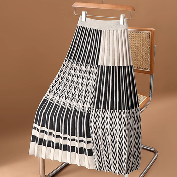 Φούστα Α-γραμμής με καρό πιέτες, από πλεκτό νάιλον ζακάρ, μεσαίου μήκους, μικροελαστικότητα, φθινοπωρινo-χειμερινό 2024