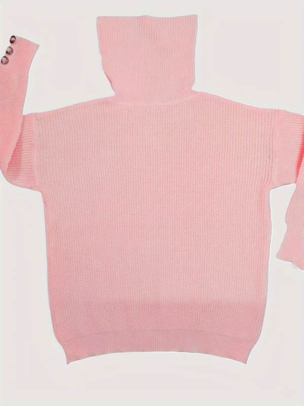 Moteriškas megztinis laisvo kirpimo su aukštu kaklu ir mygtukų dizainu, poliesteris, ilgomis rankovėmis, vidutinio storio