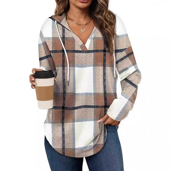 Пуловер с качулка, V-образно деколте, регулируема връзка, ежедневен каре принт, свободна кройка