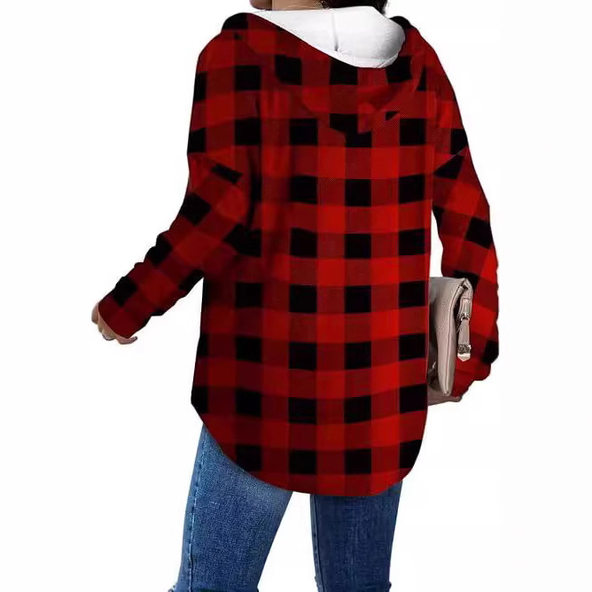 Пуловер с качулка, V-образно деколте, регулируема връзка, ежедневен каре принт, свободна кройка