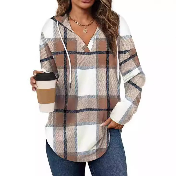 Пуловер с качулка, V-образно деколте, регулируема връзка, ежедневен каре принт, свободна кройка