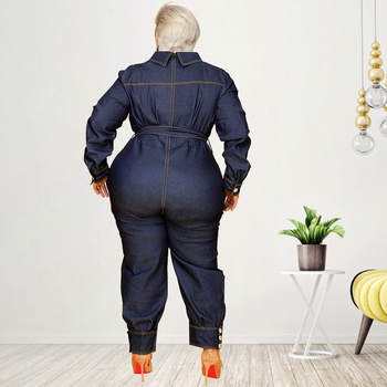 Γυναικεία denim ολόσωμη φόρμα, στενή γραμμή, V-λαιμός, μακρυμάνικη, ελαστική μέση