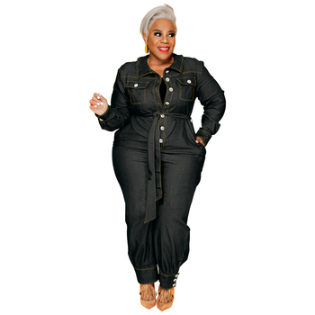 Γυναικεία denim ολόσωμη φόρμα, στενή γραμμή, V-λαιμός, μακρυμάνικη, ελαστική μέση