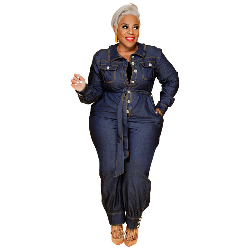 Деним гащеризон за жени, тясна кройка, V-образно деколте, дълги ръкави, еластична талия