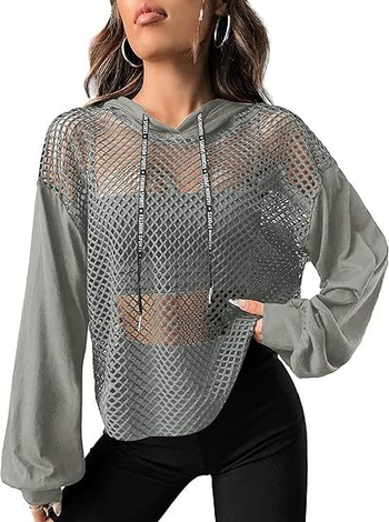 Дамско худи с мрежеста тъкан и колажни шевове, свободен силует, уличен стил (мрежеста тъкан • 90–95% полиестер • едноцветен модел • ръкав: лантерн • колажни шевове)