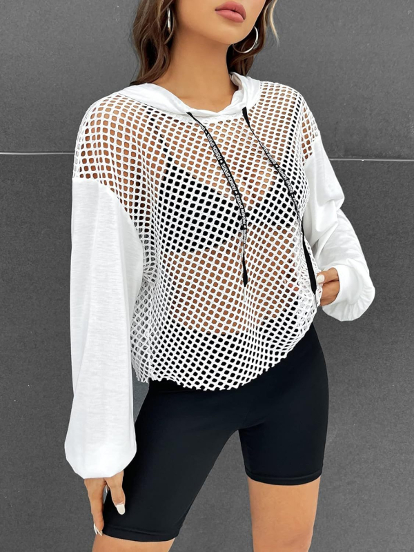 Дамско худи с мрежеста тъкан и колажни шевове, свободен силует, уличен стил (мрежеста тъкан • 90–95% полиестер • едноцветен модел • ръкав: лантерн • колажни шевове)